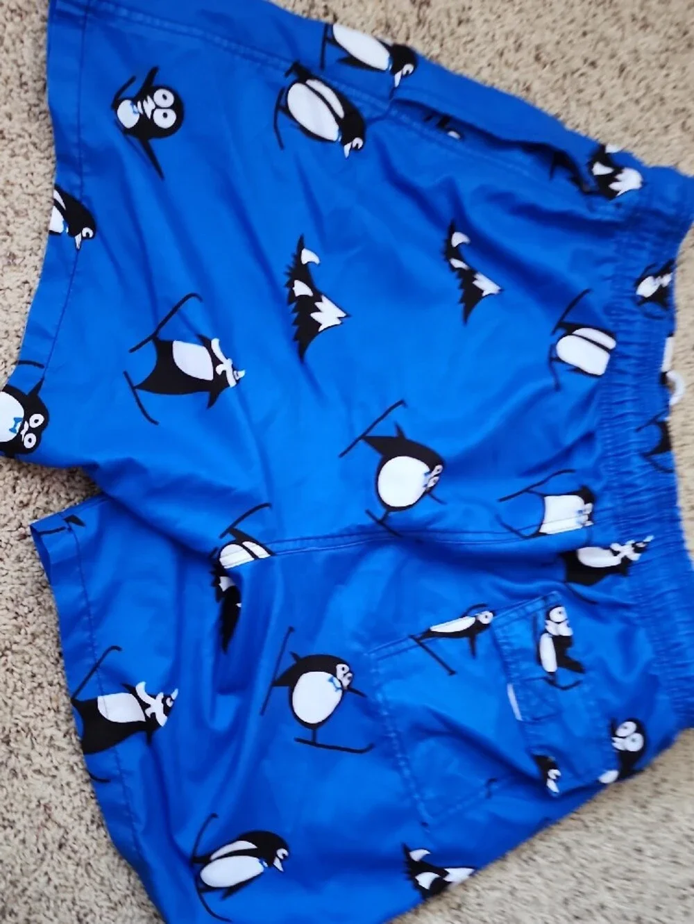 Blue Penguin Print Swim Shorts Men's Large